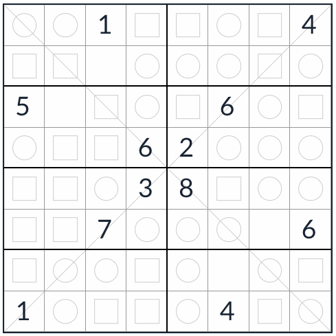 Diagonal jämn udd sudoku 8x8