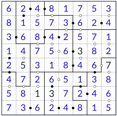 anti-king oregelbunden kropki sudoku 8x8 lösning