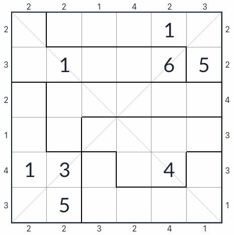 Oregelbunden diagonal skyskrapa Sudoku 6x6