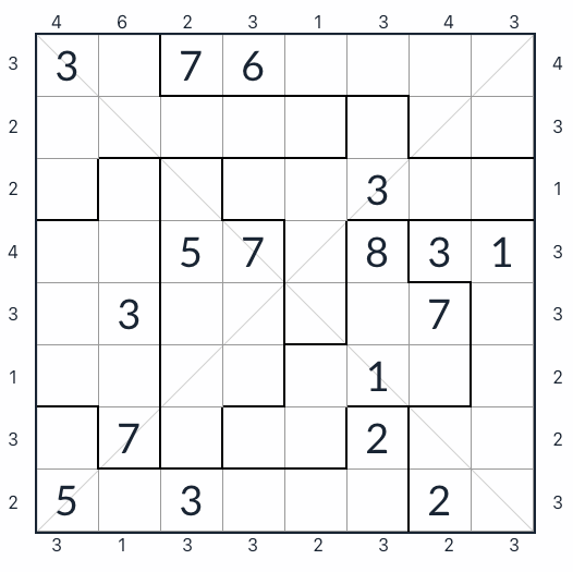 Oregelbunden diagonal skyskrapa Sudoku 8x8